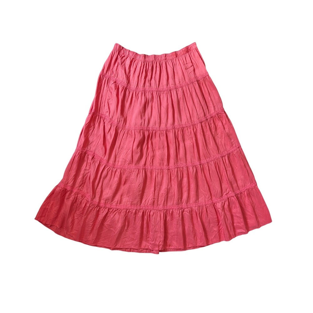 Garnet Hill Vintage 00s Cottagecore Pink 100% Silk Lace Trim Tired Midi Skirt